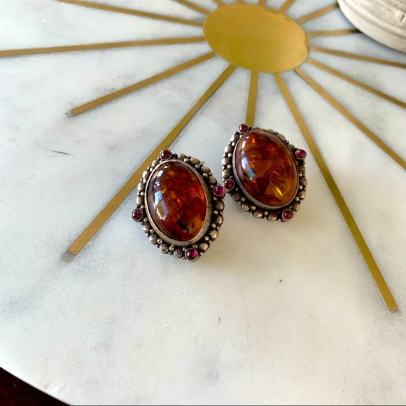 Vintage sterling silver amber clip on earrings - Picture 1 of 3